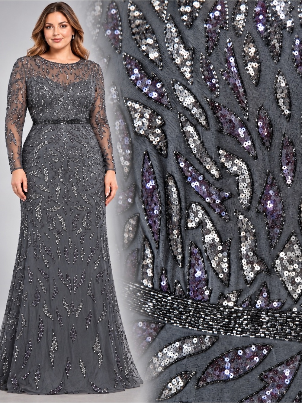 NWT Mac Duggal Charcoal Gray Long Sleeve 5124 Beaded Embellished Evening Gown 16